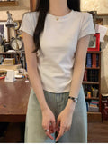 Summer 2025 Shoulder T-Shirt Women To Folded Short Sleeves Irregular Sweet Spicy Thin Little Man Round Collar Short Top