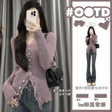 Autumn Dress Women 2026 New Purple V-Neck Short Sweater Cardigan Design Hong Kong-Flavored Chic Knitted Tops Ins
