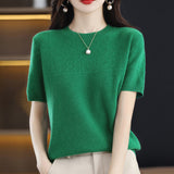 Wool Blending 2026 Autumn And Winter New Women's Round Collar Collar Drawing Solid Color Hollow Top Five-Sleeve Knitted Shirt