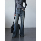 Vintage Water Wash Blue Jeans Women 2025 Autumn New Fashion Micro-Trumpet Drag Wide Leg Pants