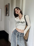 Letter-Print Collared Long-Sleeved Women's T-Shirt Design Feels The New Autumn Slimming Sweet Hottie Short Top