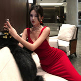 French Retro High-End Red Sexy Bow Bow With Big Backs Hanging Dress Pure Desire To Waist Dress Dress