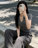 Pure Polo Shirt Women's Summer New Thin Short T-Shirt Design V Collar Repair Elastic Short Sleeve Top Ins