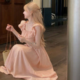 Summer Lotus Leaf Side Collar Dress Pink Small Flying Sleeve Dress Female Waist Temperament A Word Sweet And Gentle Dress