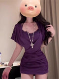 Purple Sexy Short-Sleeved Dress Women Summer Folds Design Small Pure Babes To Collect Thin Bag Of Hips
