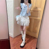 Summer New Two-Piece Suit Small Sweet College Style Splicing Top Cake Half-Dress Woman