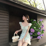 Dopamine Mint Green Flower Dress Women's Summer Gentle Wind Leaster Stitching Small Flying Sleeves To The Waist-Ponded Skirt
