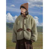 Green-Collared Lamb Plush Short Coat Women 2025 Autumn And Winter New Design Sense Loose Casual Jacket Top