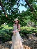 Beautiful Lace Splicing Big Bare Back Sling Dress Strapped Bow Fairy Gas Big Swing Dress Travel To Wear Long Skirt