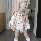 [Original Quality] New Korean Version Of The Fashion Waist Thin Short Sleeves With Bow Ponpong Dress Women Short
