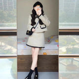 Small Fragrant Suit Women's Spring And Autumn Qigong Faded Bow Tie With Short Coat Skirt Two Sets