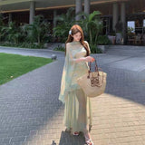 Summer Beautiful Green French Mesh Sling Dress Women's New Explosive High-End Feel Waist Holiday Long Skirt