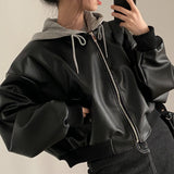Korean Chic Autumn And Winter Denim Jacket Retro Zipper Double Pocket Casual Loose Two Hooded Leather