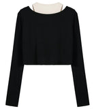 Black Short High-Waisted Long-Sleeved Open-Necked Sleeves Of Women's Autumn New Body-Clamping Umbilly Blouse With Two Sets Of Slings