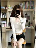 Round-Necked Hottie Shoulder T-Shirt Girl Autumn New Retro Pure Desire To Cultivate Long Sleeves Short Blouse