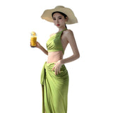 Summer Beautiful Wearing Suit Seaside Vacation Rose Red Shoulder Bra Small Vest Open Skirt Two-Piece Dress