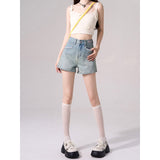 Wash Blue A Word Denim Shorts Women Summer New Pocket Splicing Design Feel Small Loose Hot Pants