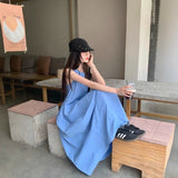 Blue Sleeveless Vest Dress Women's Summer French Lazy Holiday Style With Pocket Skirt Loose A-Word Dress