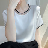 Silk Satin 2026 Spring And Summer Women's New Short Loose Round-Collar Color Mesh Yarn Short-Sleeved T-Shirt Temperament Thin Top