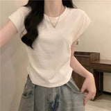 Positive Shoulder Short-Sleeved T-Shirt Women's Summer 2025 New Hong Kong Flavor Ins Style Slimming Small Flying Sleeve Short Top
