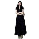 Large-Size French Temperament V-Neck Wave Point Closing Dress Women Summer Fat Mm Pear Shape Body Large Thin Black Dress