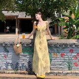 2025 Summer New Bag Of Hip Fish Tail Long Dress Yellow Broken Flowers V-Neck French Printing Temperament Slim Slimming Dress