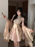Set Of Women's New Chinese Style 2025 New Splicing Cheongsam Dress To Collect Waist Thin Short Skirt Sunscreen Cardigan