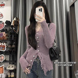 Autumn Dress Women 2026 New Purple V-Neck Short Sweater Cardigan Design Hong Kong-Flavored Chic Knitted Tops Ins