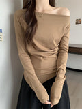One-Word Shoulder Design Feeling With Irregular Long-Sleeved T-Shirt Women's Autumn Collarbone Sexy Bottoming Shirt Pure Desire Top