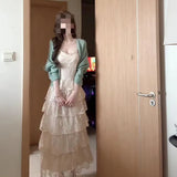 Korean Gentle Wind Two Sets Of Mint Green Hollow Open Shirt + Lace Splicing Cake Skirt Female Fashion Suit