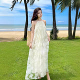 French Hanging Neck Dress High-End Embroidery Flower Skirt Fairy Super Fairy Seaside Vacation Dress