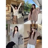 Sleeding Lazy Wind Loose V-Neck Long-Sleeved T-Shirt Girl Spring Thin Sunscreen Shirt Relaxation Feeling Bottom Top