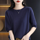 100% Cotton Sweating 2026 Spring And Summer New Round Collar Through Short T-Shirt Solid Five-Sleeve Temperament Knitted Shirt