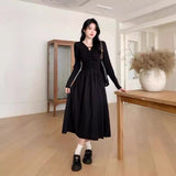 Large-Size Micro-Fat Mm Early Autumn New High-Waisted V-Neck Black Dress Female Korean Version Of Fashion Hepburn Style A Word Long Dress