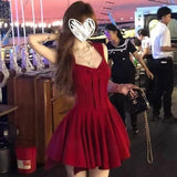 Tea Break French Gold Wind Bow Bow Hanging Dress Women Summer High Sense Waist Temperament 100 Folds Short Skirt