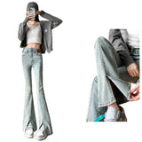 Horn Trousers Women In The Spring And Autumn Of 2025 New High-Rise Slim Slim Thin Small Horn Open Fork Buckle Jeans