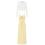 Sweet Spice Girls Set White Long Sleeve R-Shirt Women's Summer Yellow Broken Flower Suspension Dress Short Dress Two-Sleeve