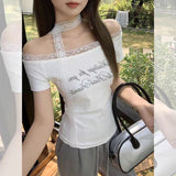 Sweet And Spicy Wind Splicing Lace Side Shoulder T-Shirt Girl 2025 Summer New Letter Print Short-Sleeved Top