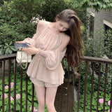 French Gentle Shoulder Long Sleeves To Close Waist Chiffon Shirt Women Summer Sweet Suit Casual Straight Shorts Two-Piece Set