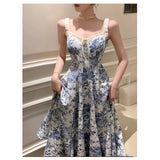 French Floral Sling Dress Dress Women's 2025 Summer New Age-Down Blue Dress Waist A Word Long Dress