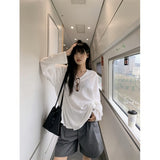 Korean White V-Neck Long-Sleeved T-Shirt Girl Summer Lazy Leisure Sun Protection Shirt Temperament Loose Thin Top