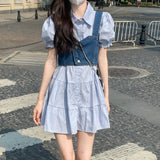 Fashion Suit Women's 2025 Summer Sweet Spicy Bubble Sleeve Shirt Dress Denim Vest Small Two-Piece Set