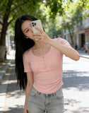 Pure Lustful Wind U Collar Short Sleeves Shoulder T-Shirt Girls Summer Irregular Elastic Display Thin Short Green Top