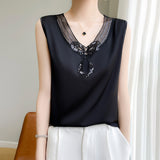 Silk Satin 2026 Spring And Summer Women's New V-Neck Mesh Splicing T-Shirt Solid Color Buffet Korean Version Of Sleeveless Vest