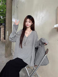 Sleeding Lazy Wind Loose V-Neck Long-Sleeved T-Shirt Girl Spring Thin Sunscreen Shirt Relaxation Feeling Bottom Top