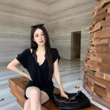 Pure-Want-Style Thin Loose White V-Neck Short-Sleeved T-Shirt For Women's Summer Lace In A Vest Top Folded Two Sets