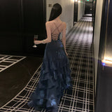 Seaside Holiday Blue Necromanite High-End Feel Lotus Leaf Side Hanging Dress Female Design Feel Back Open Fork Dress