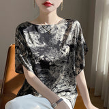 Silk Satin 2026 Summer New Women's Collar Temperament Print Short Chinese Feng Shui Ink T-Shirt Vest