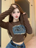 Sweet Spice Girls Letters Cowboy Sticker Long-Sleeved T-Shirt Women's Autumn Dress Short Jazz Jazz Caught