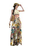 Dopamine Graffiti-Print Wide-Legged Trousers Women's Summer Seaside Wearing High-Waisted Beach Skirts With Open-Forked Colored Trousers